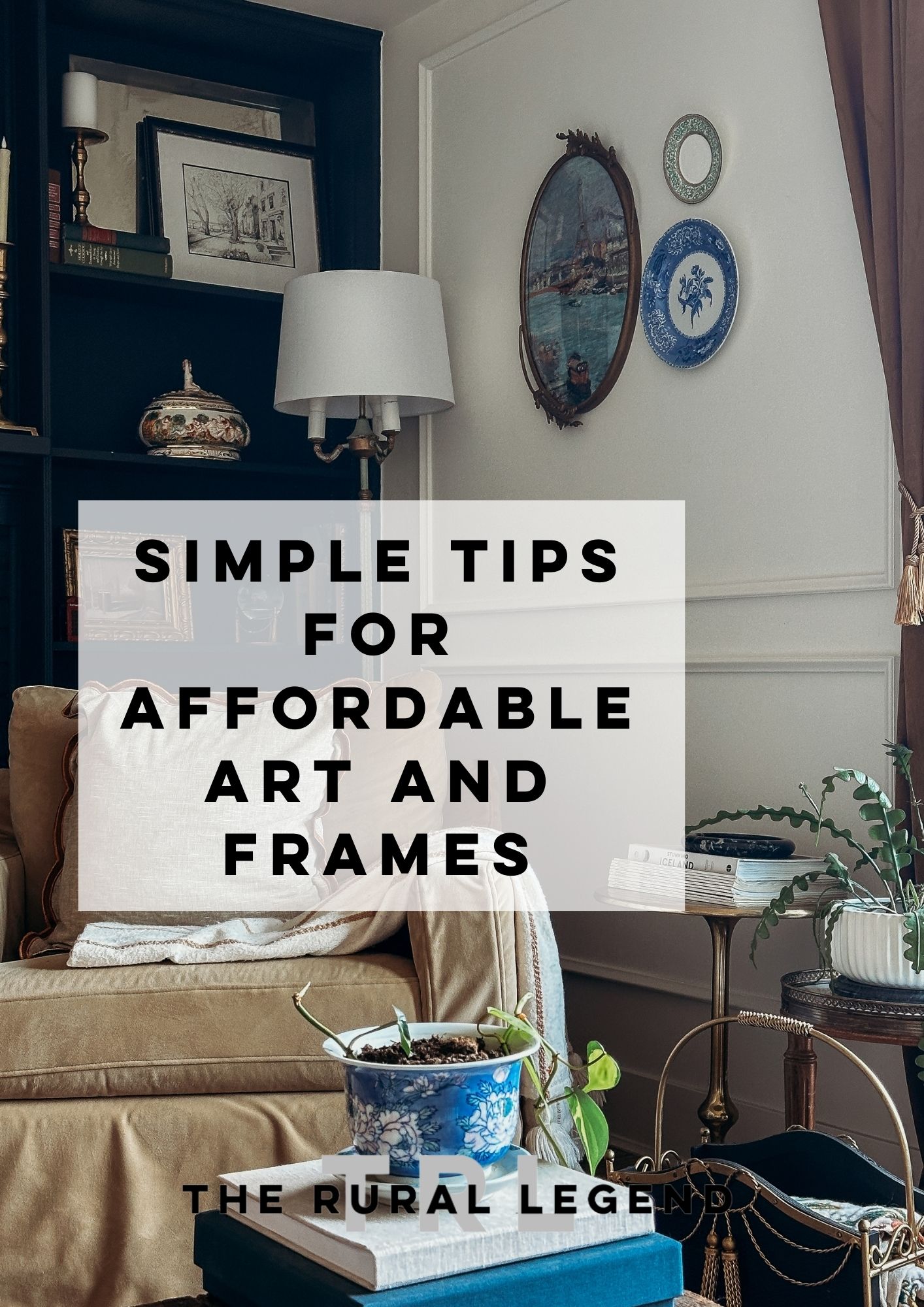 family room with wall moulding and an antique bubble glass oval frame surrounded my vintage english china