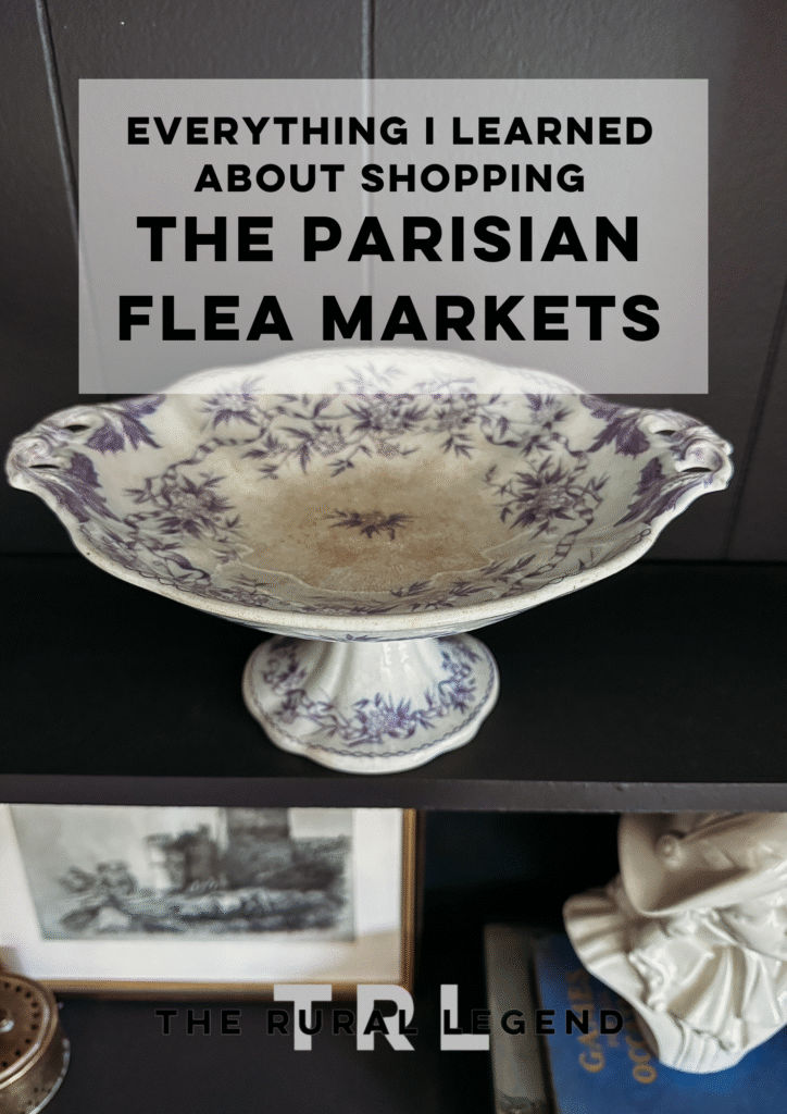 an antique compote pedestal bowl from the mid 1800s, lavender transferware, sitting on a black shelf