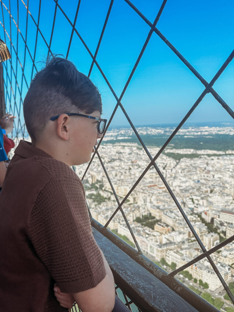 The boy looking at the top view of Paris.