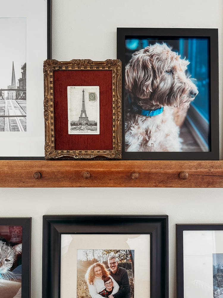 framed vintage postcard of the Eiffel Tower and a portrait of a mini Labradoodle
